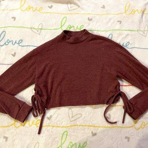 Red Burgundy Cropped Crop Side Tie Long Sleeve Blouse Top Shirt Womans sz Large